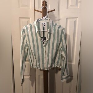 Green Striped Cropped Button Down Shirt